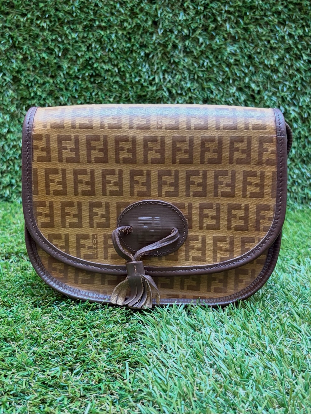 Rare Vintage Fendi Brown Zucca Coated Canvas Tassel Shoulder Bag